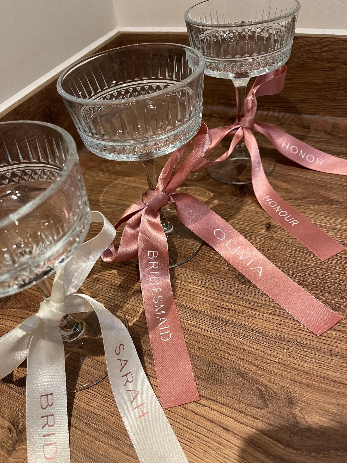 Personalised Bridesmaid Ribbons For Champagne Flutes - Custom PINK ribbons for Bridesmaid Champagne Glasses - Bridesmaid Gift