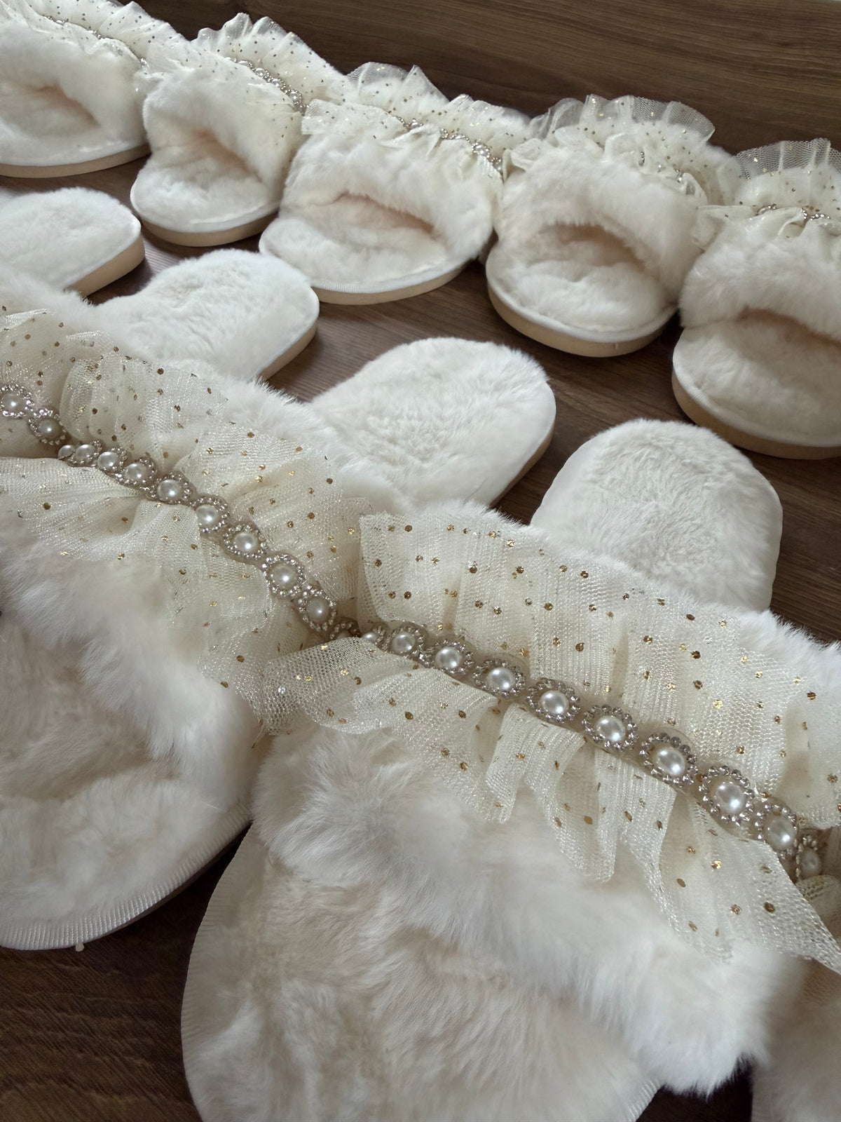 Pearl Embellished Tulle Bride Slippers