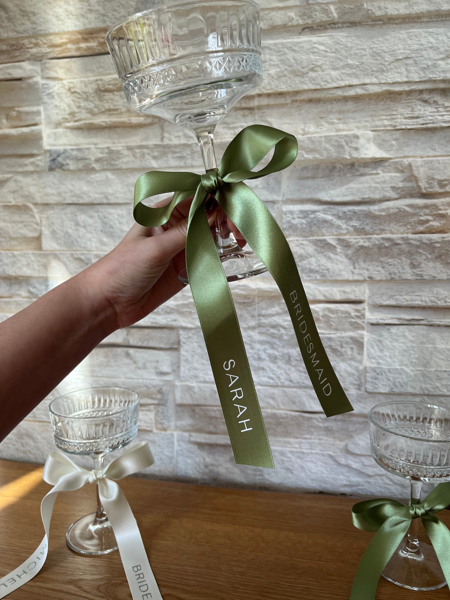 Sage Bridesmaid Personalised Ribbon for Champagne coupe Glass