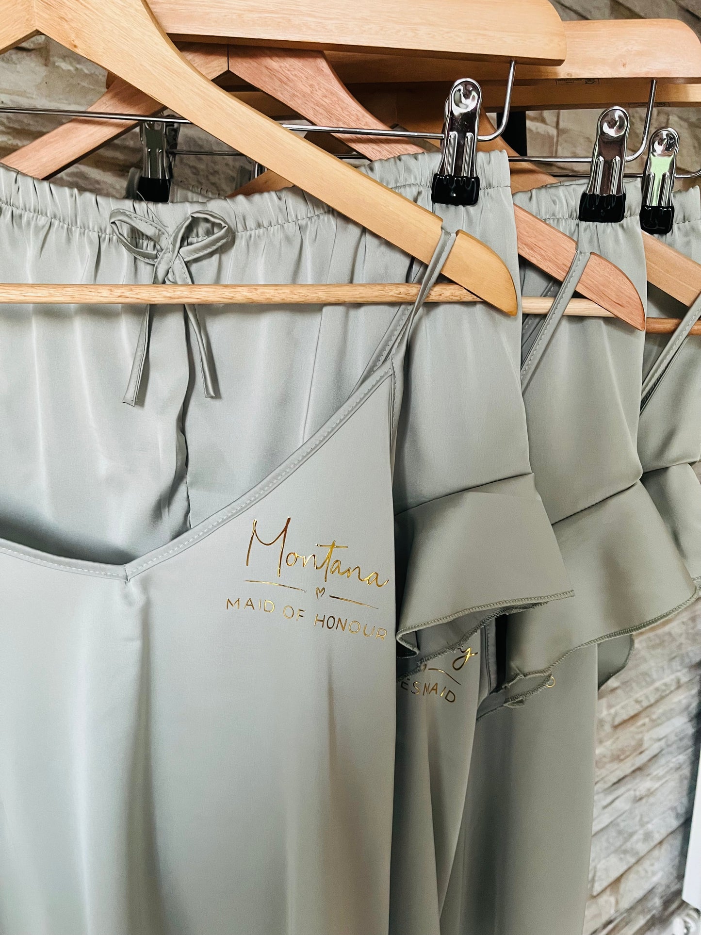 Personalised Satin Ruffle Cami Bridesmaid Pjs - Text Design - Adults