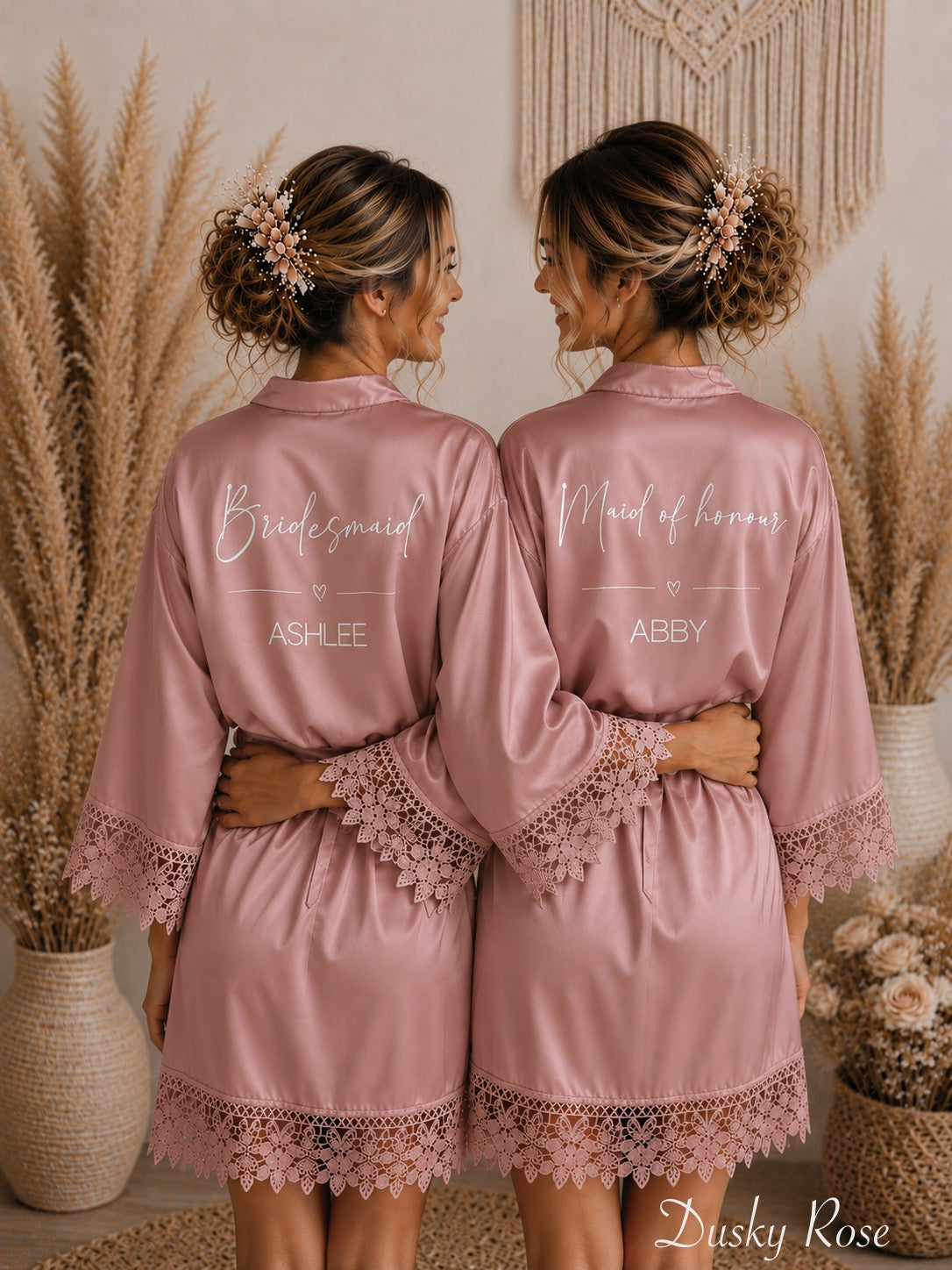 Lace Trim Bridesmaid Satin Robe - Text Design