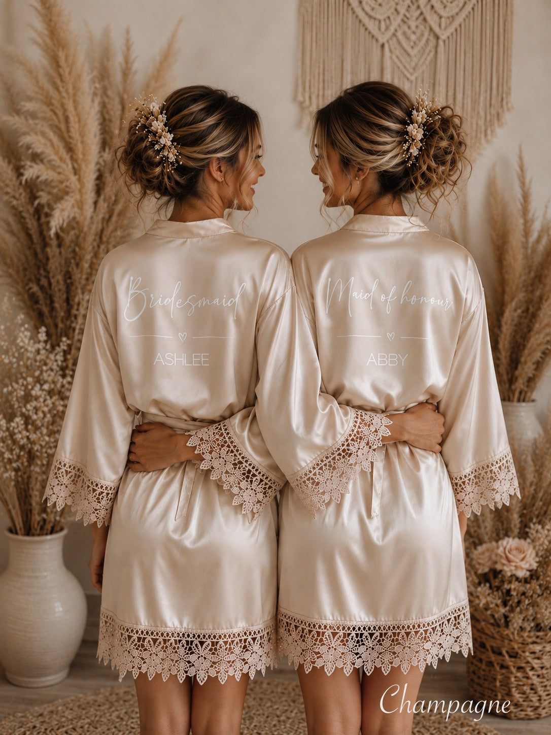 Lace Trim Bridesmaid Satin Robe - Text Design