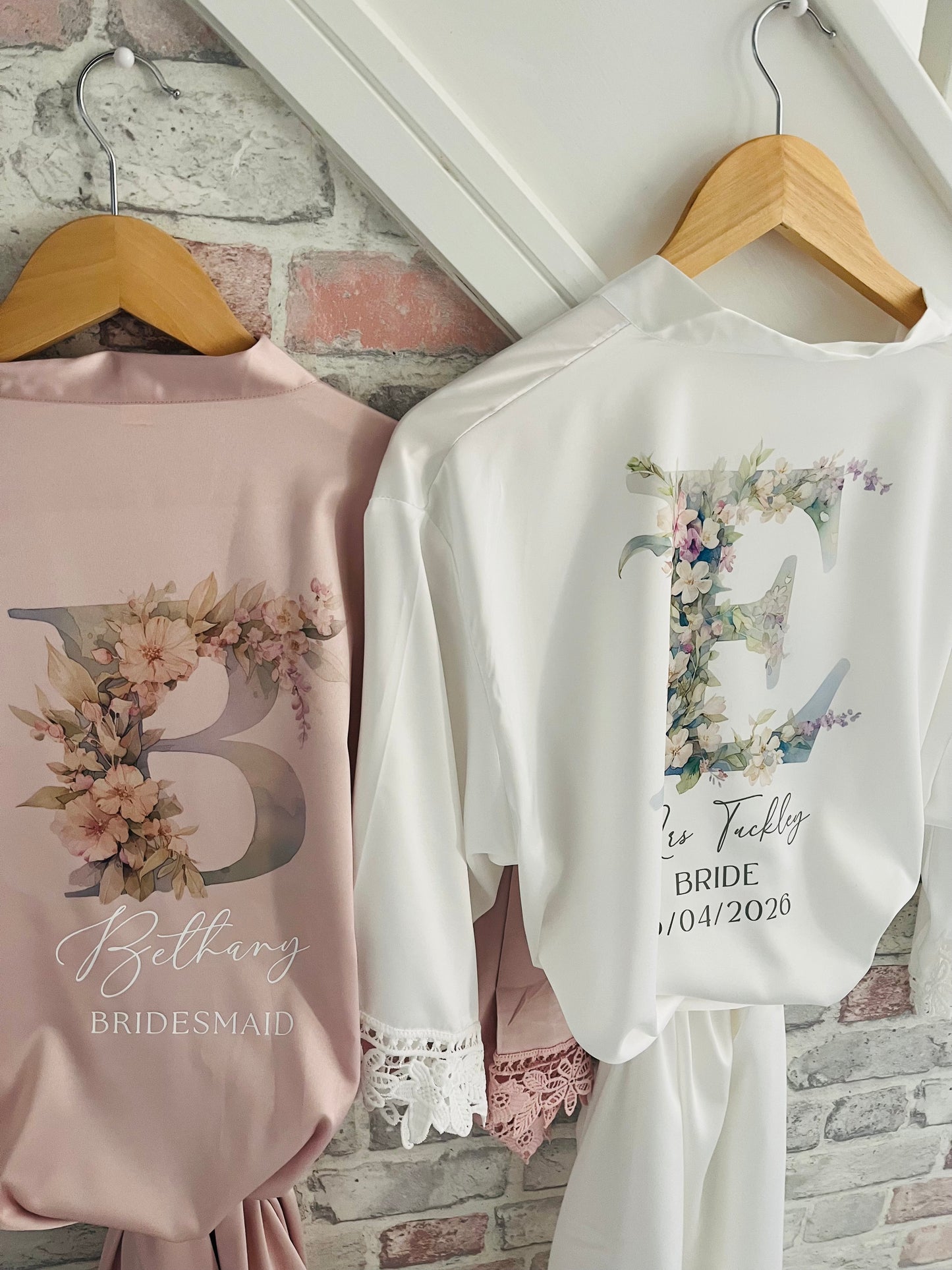 Personalised Satin Lace Trim Bridesmaid Robe - Pastel Initial Design