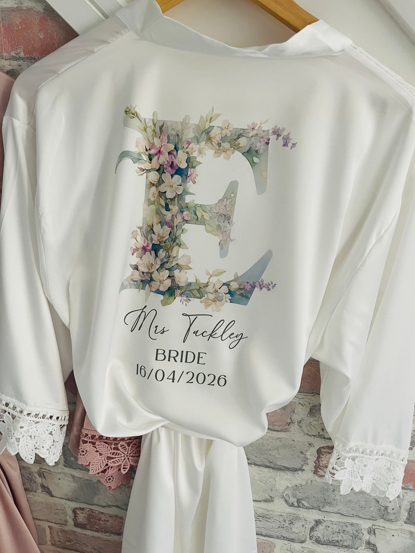 Personalised Satin Lace Trim Bridesmaid Robe - Pastel Initial Design