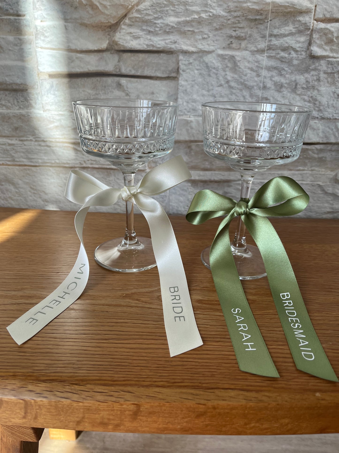 Sage Bridesmaid Personalised Ribbon for Champagne coupe Glass