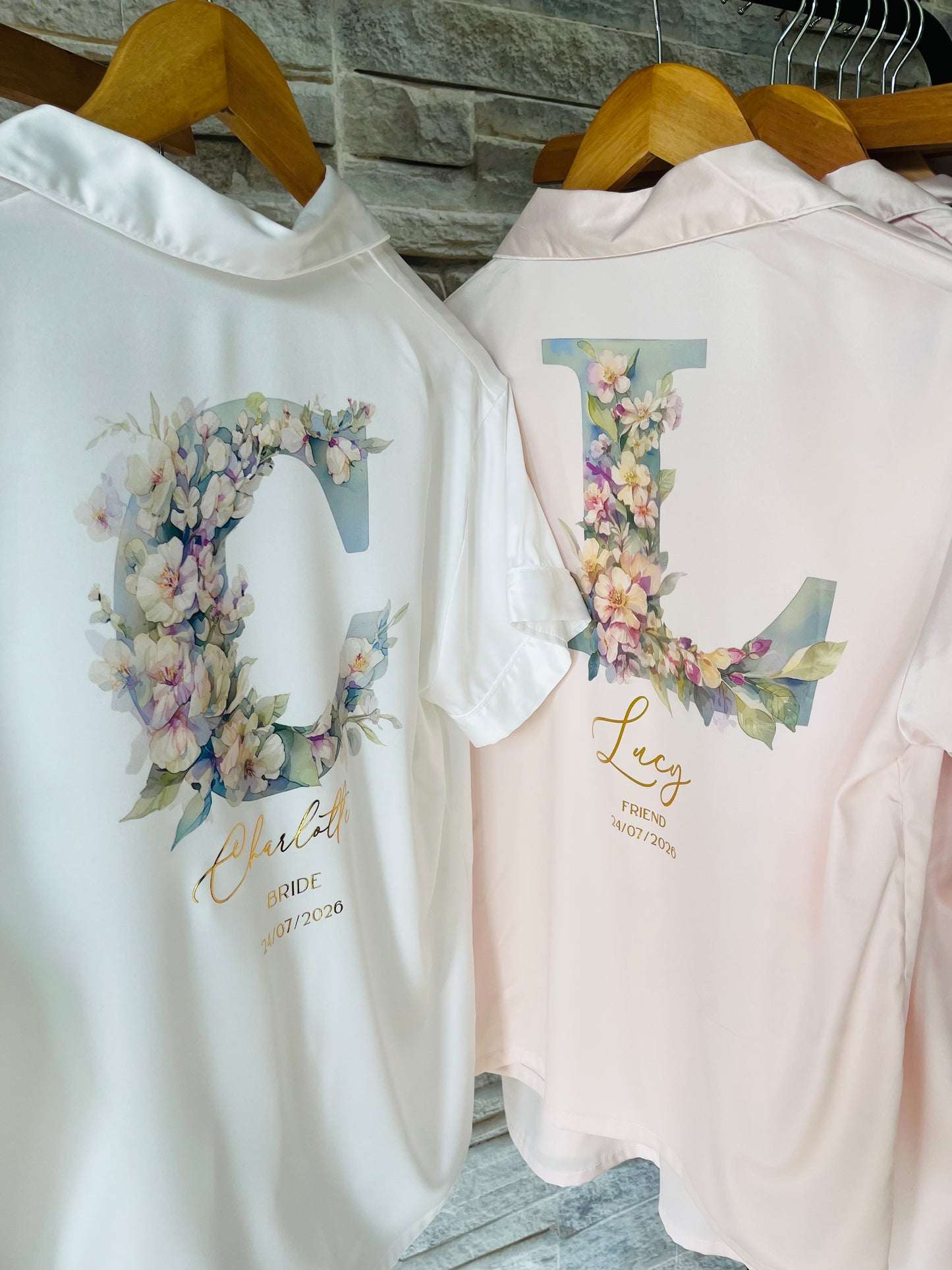 Personalised Satin Bridesmaid Pjs - Pastel Initial Design - Adults