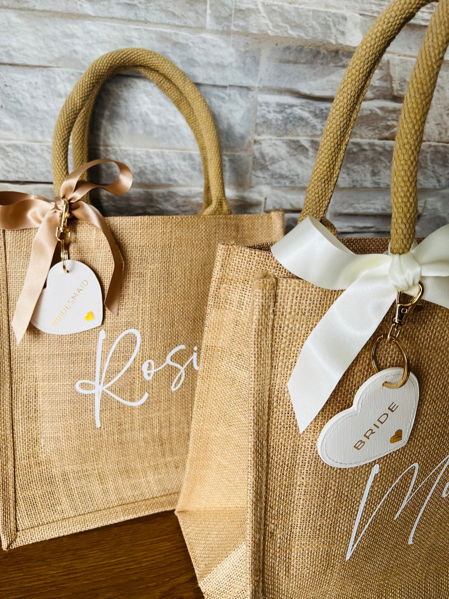 Personalised Bridesmaid Hessian Jute bag - Heart Keyring