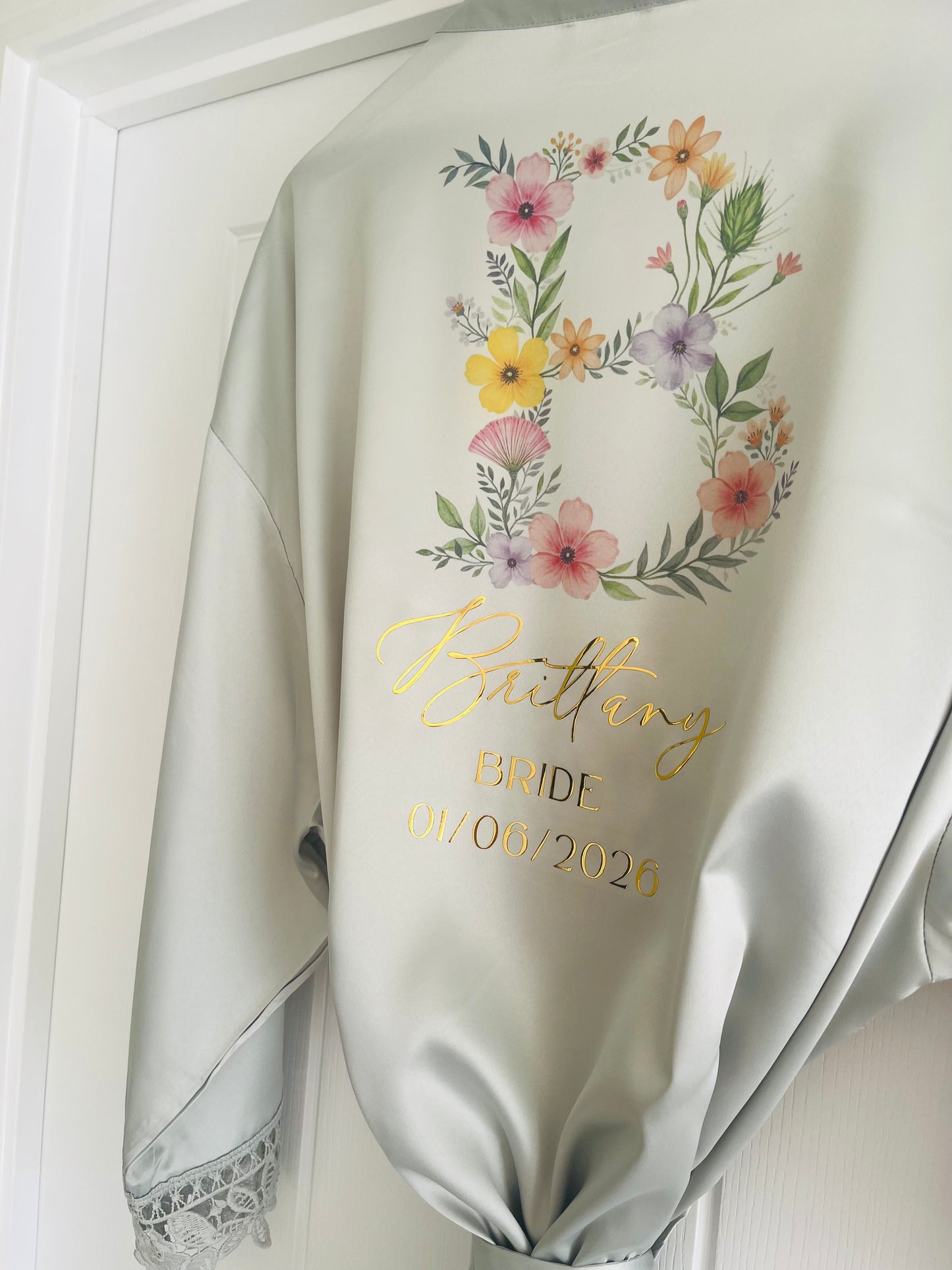 Personalised Satin Lace Trim Bridesmaid Robe - Wildflowers Initial Design