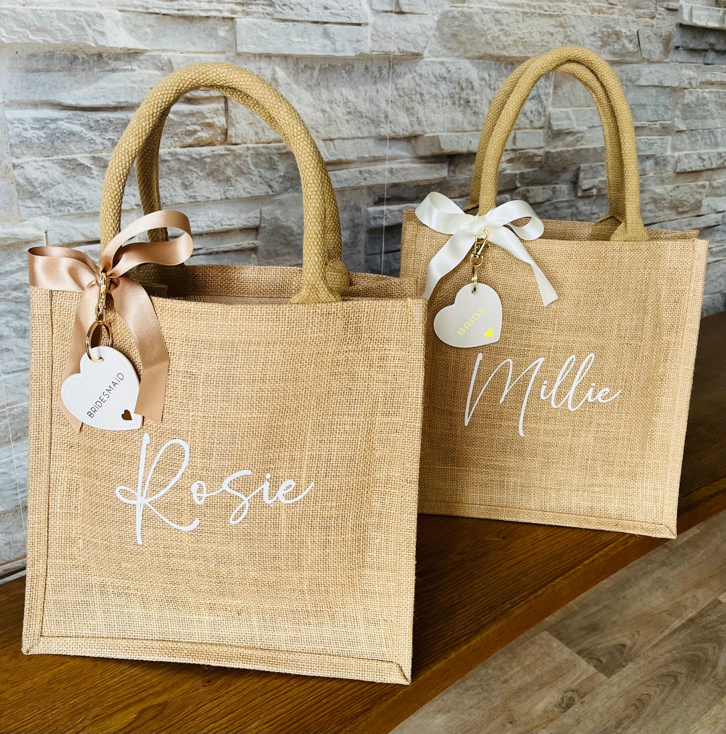 Personalised Bridesmaid Hessian Jute bag - Heart Keyring
