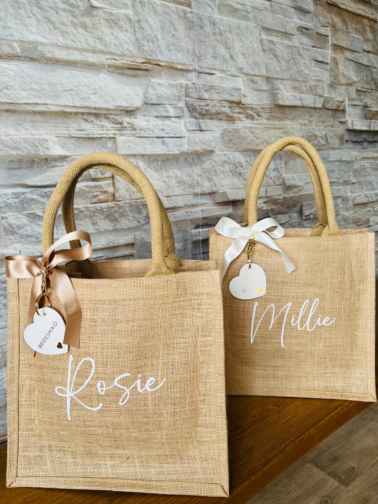 Personalised Bridesmaid Hessian Jute bag - Heart Keyring