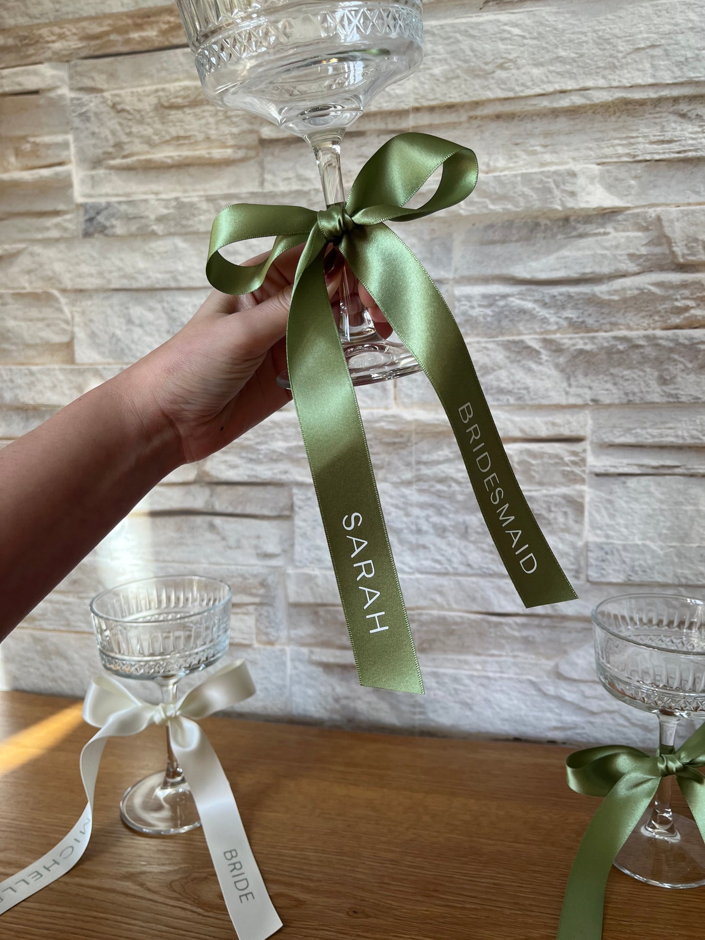 Sage Bridesmaid Personalised Ribbon for Champagne coupe Glass