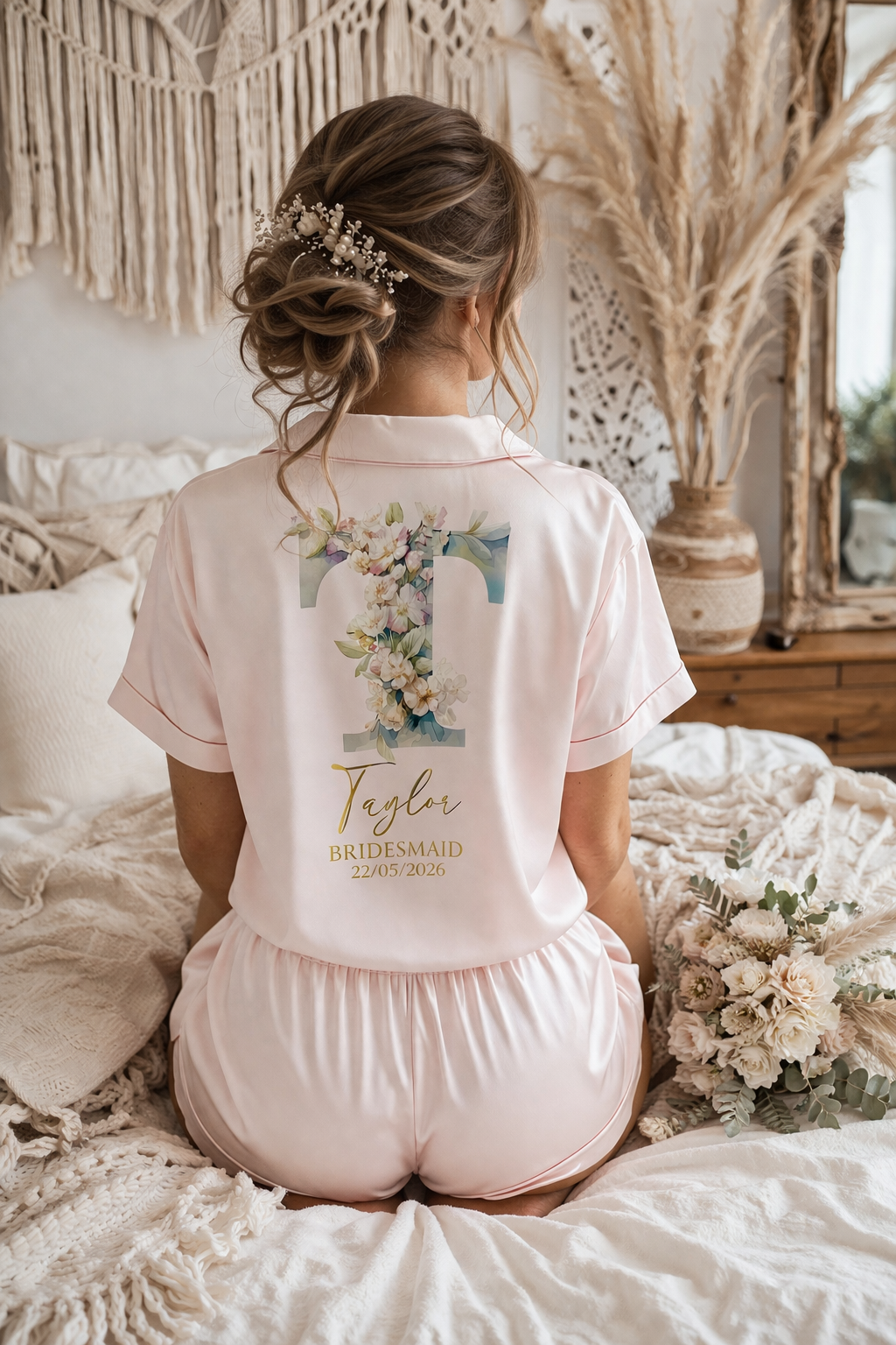 Personalised Satin Bridesmaid Pjs - Pastel Initial Design - Adults