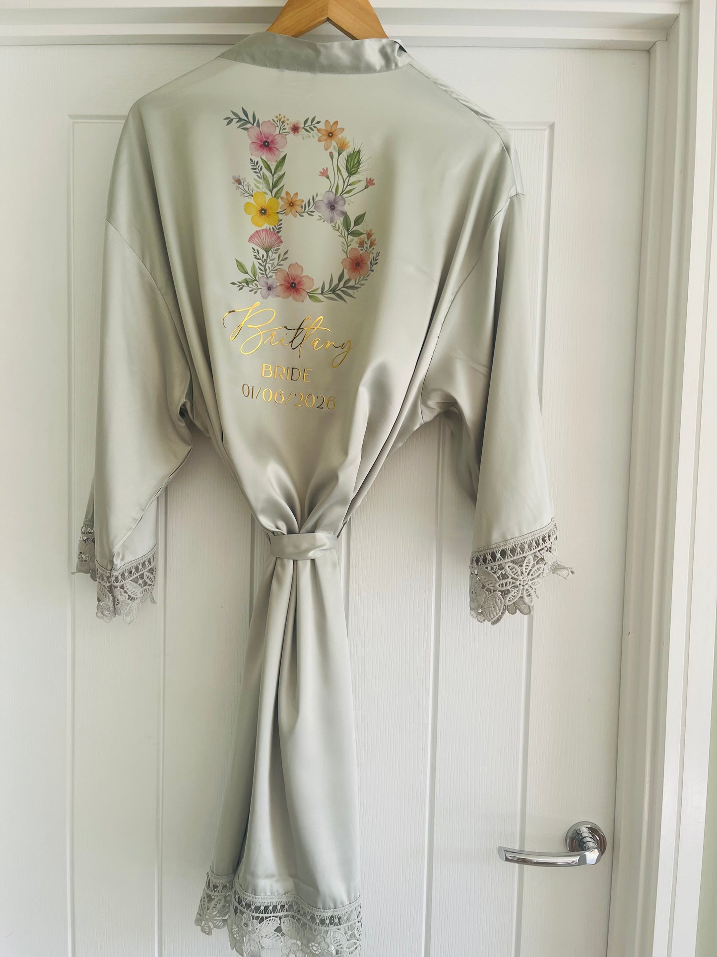 Personalised Satin Lace Trim Bridesmaid Robe - Wildflowers Initial Design