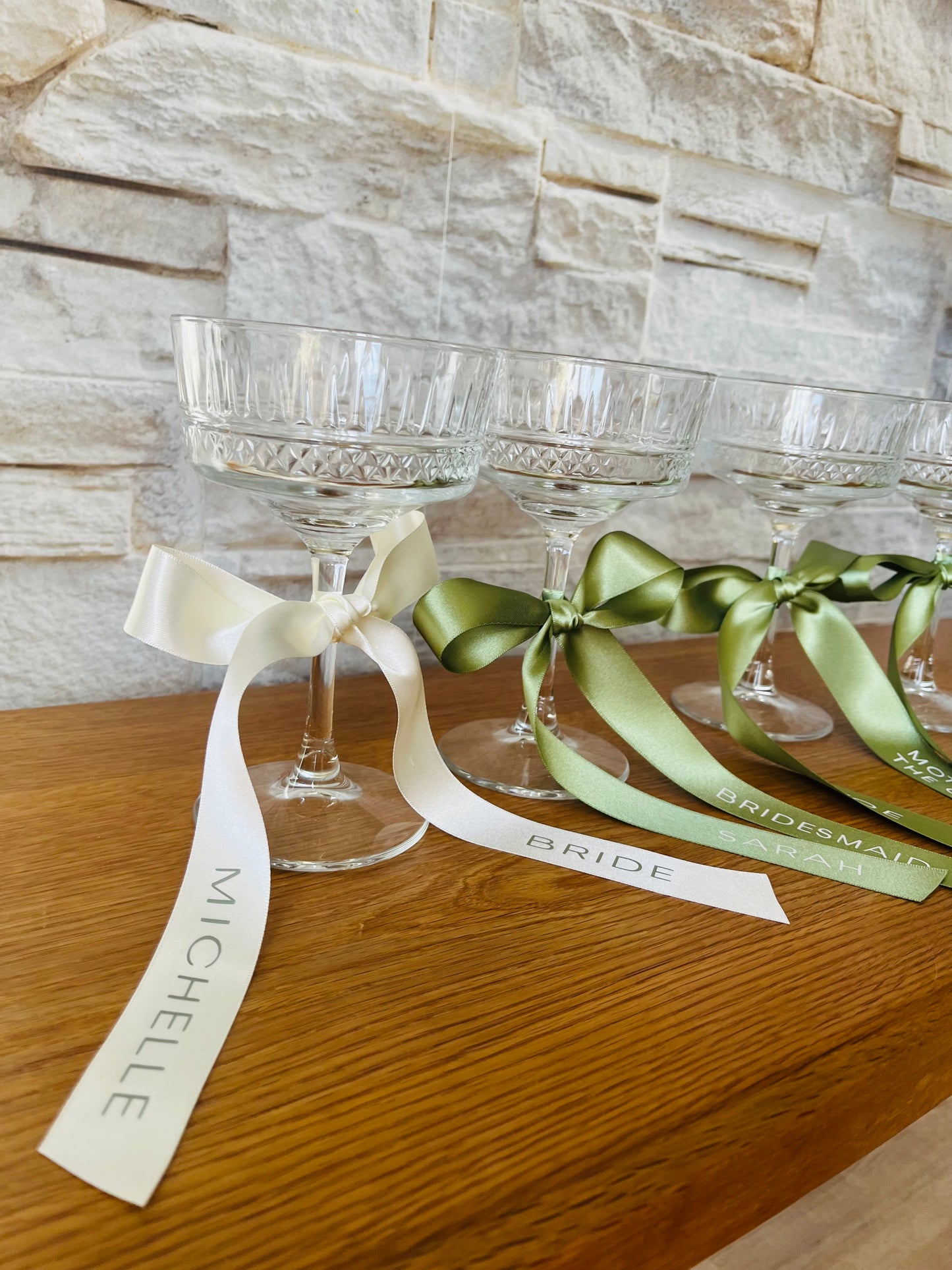 Sage Bridesmaid Personalised Ribbon for Champagne coupe Glass