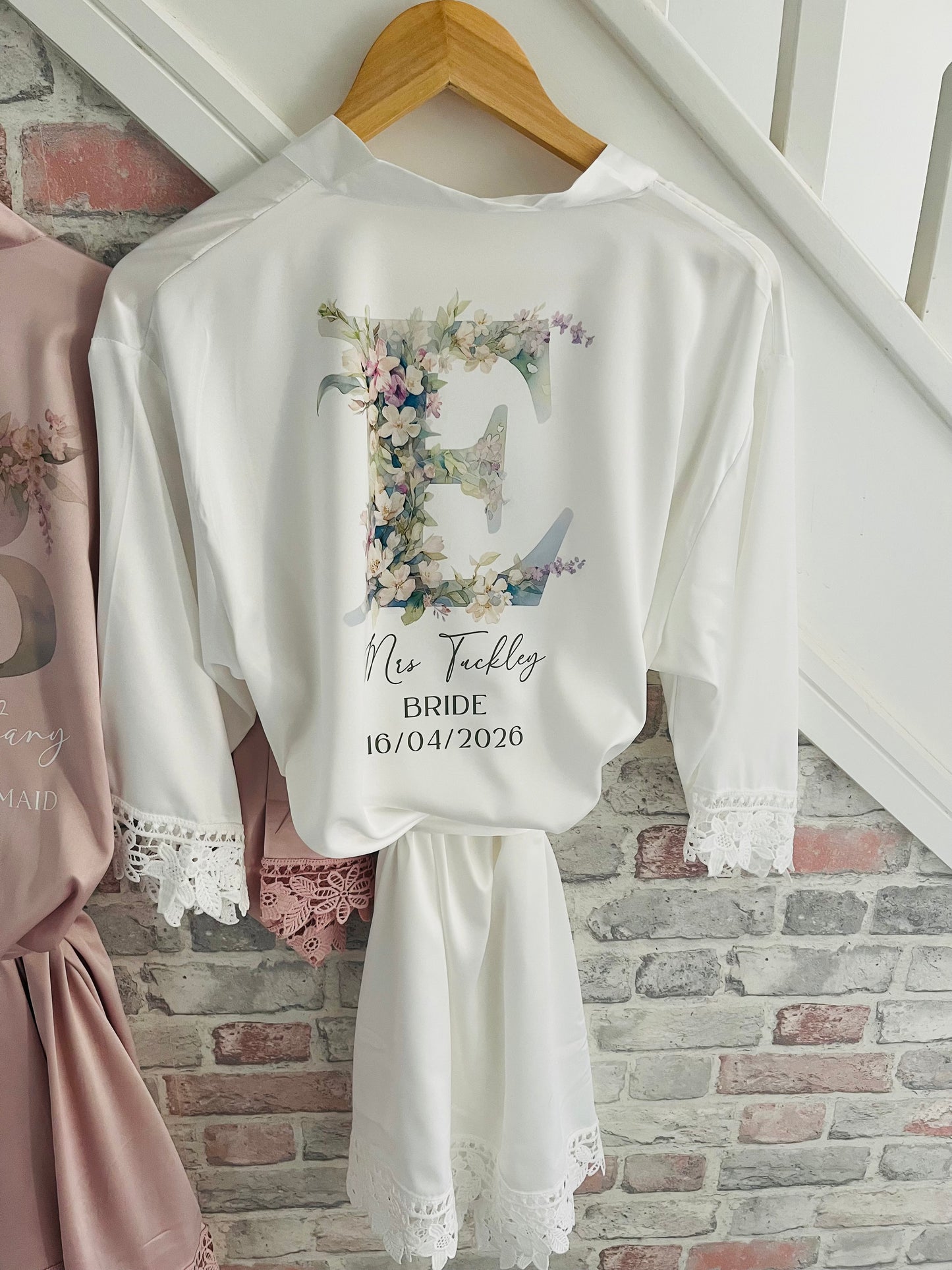 Personalised Satin Lace Trim Bridesmaid Robe - Pastel Initial Design