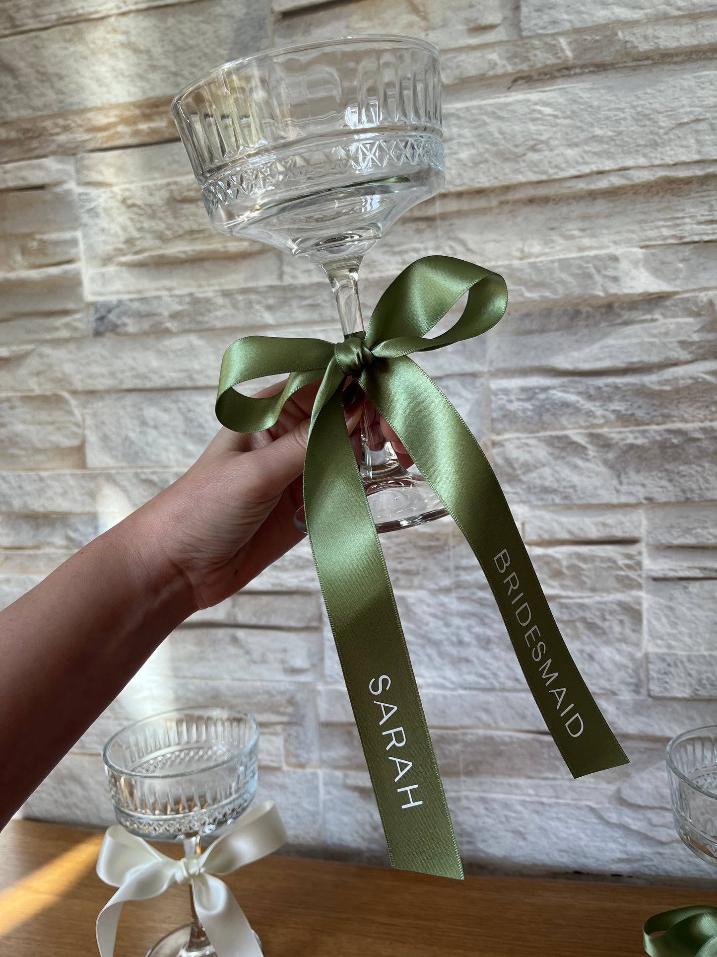Sage Bridesmaid Personalised Ribbon for Champagne coupe Glass
