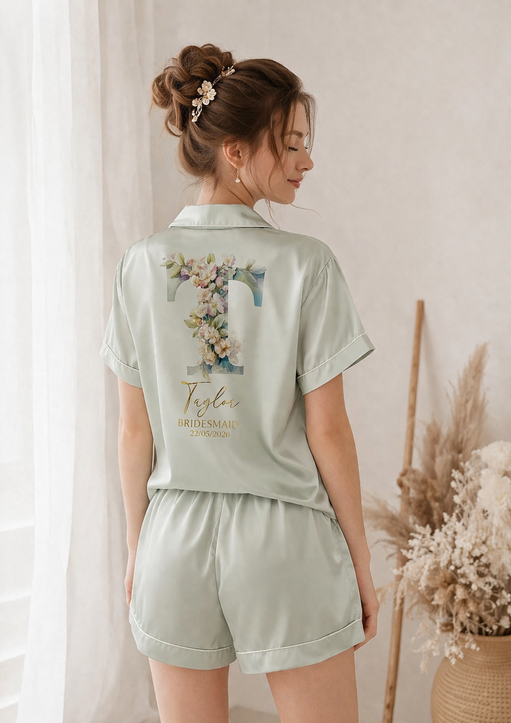 Personalised Satin Bridesmaid Pjs - Pastel Initial Design - Adults