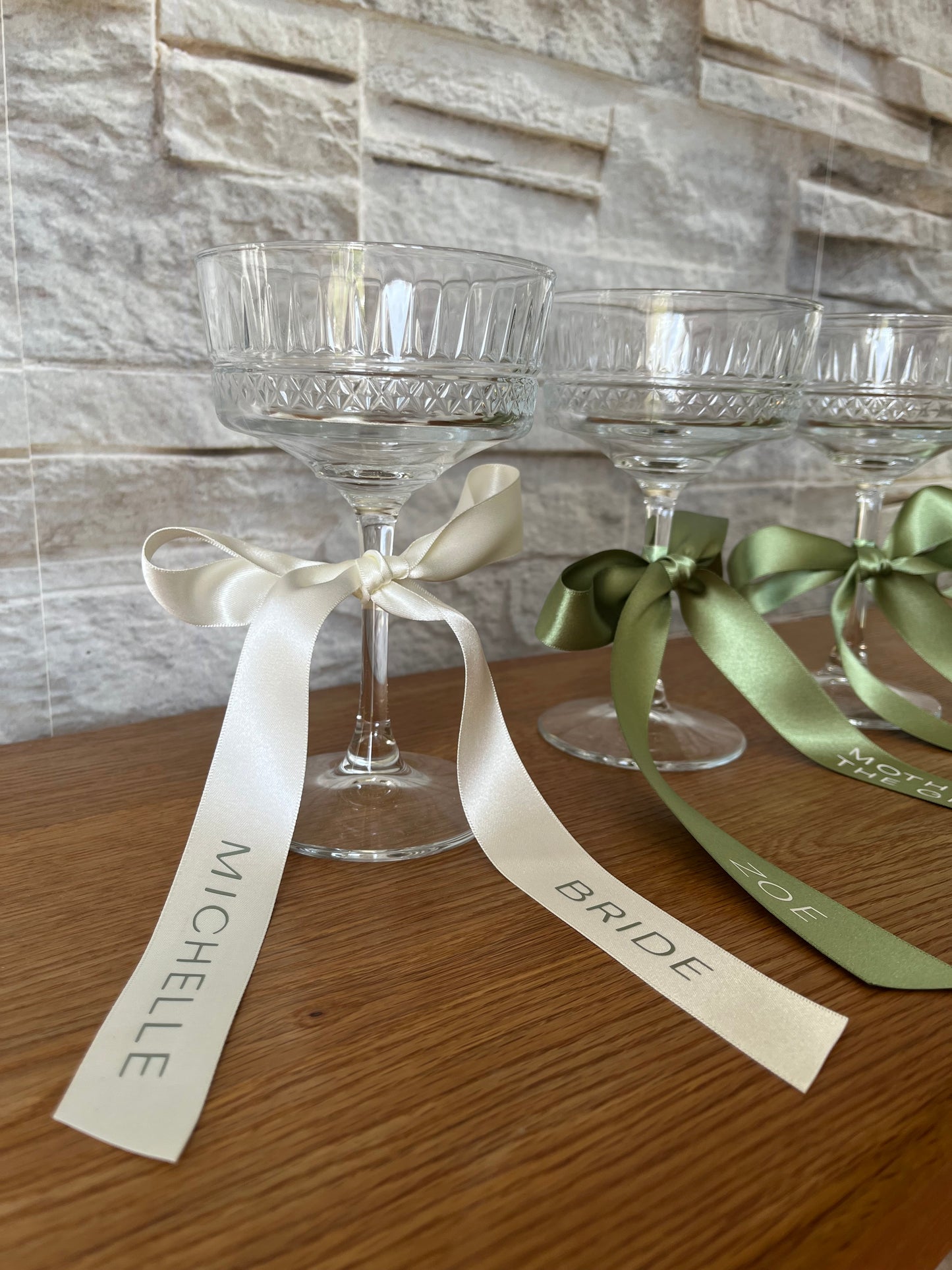 Sage Bridesmaid Personalised Ribbon for Champagne coupe Glass