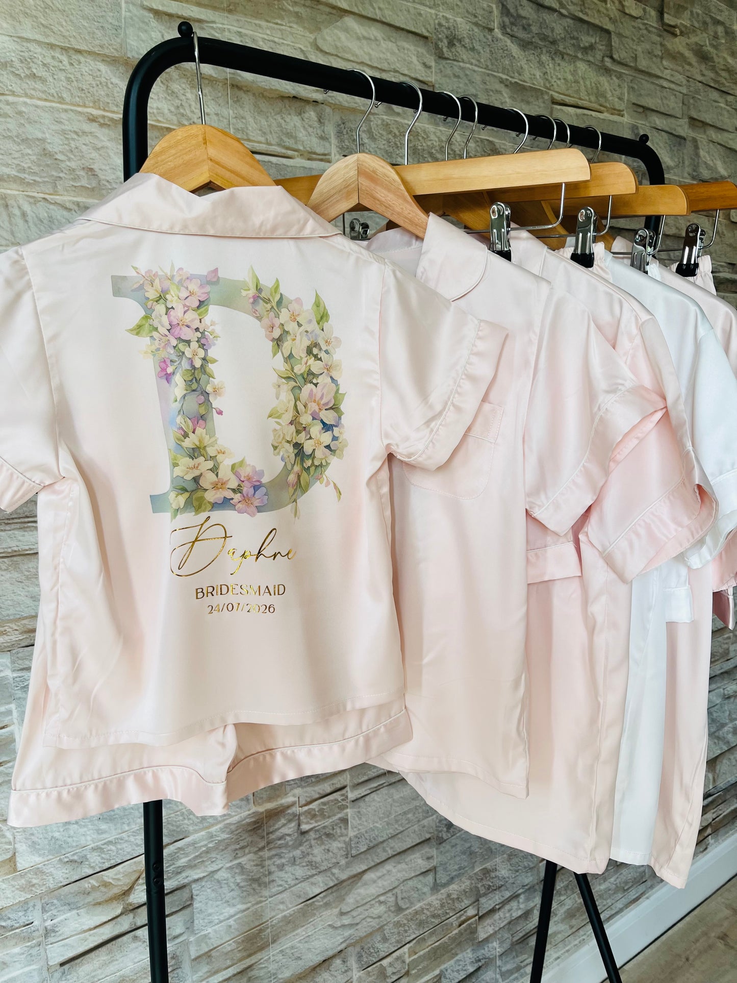 Personalised Satin Bridesmaid Pjs - Pastel Initial Design - Adults