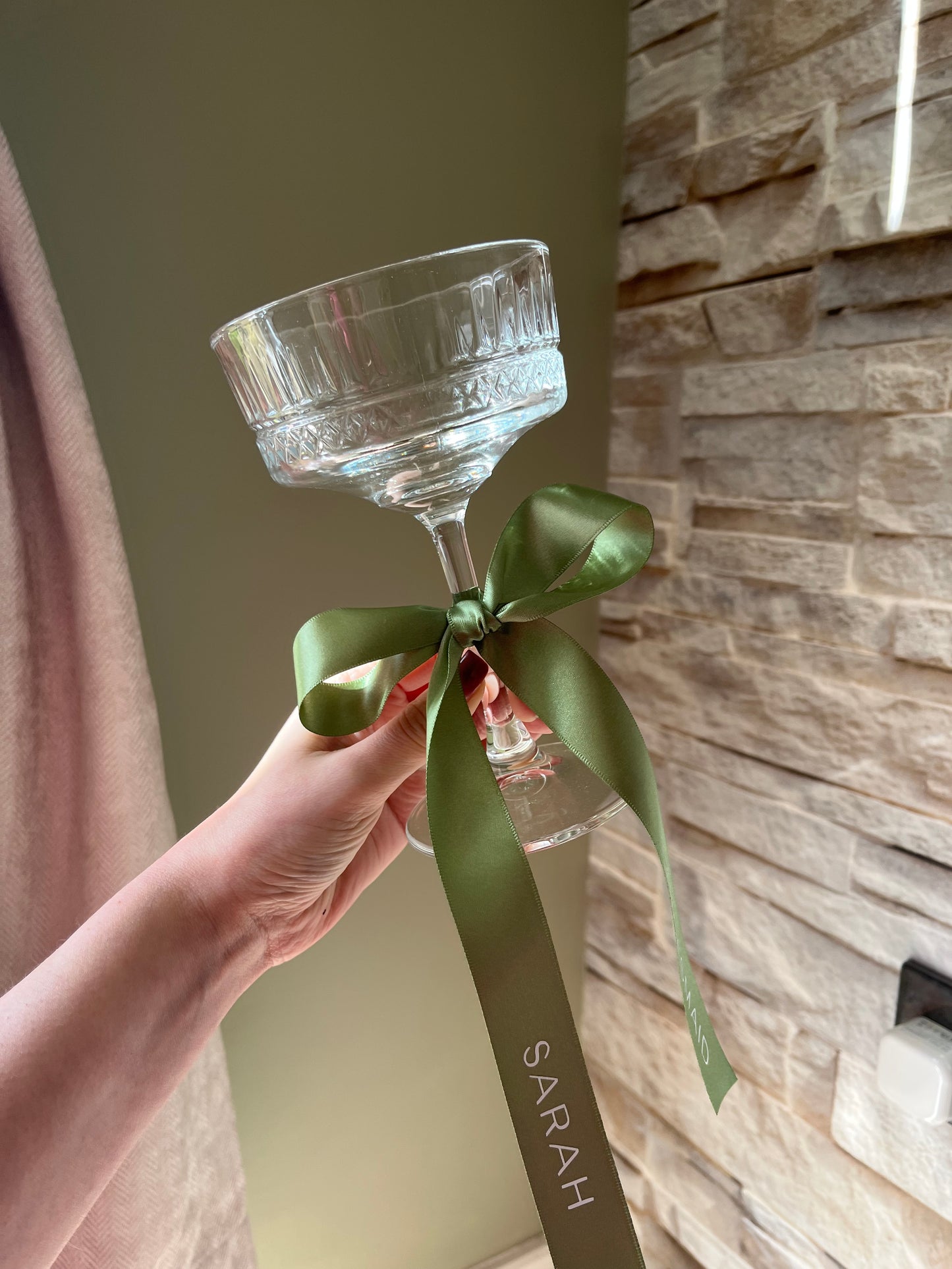 Sage Bridesmaid Personalised Ribbon for Champagne coupe Glass