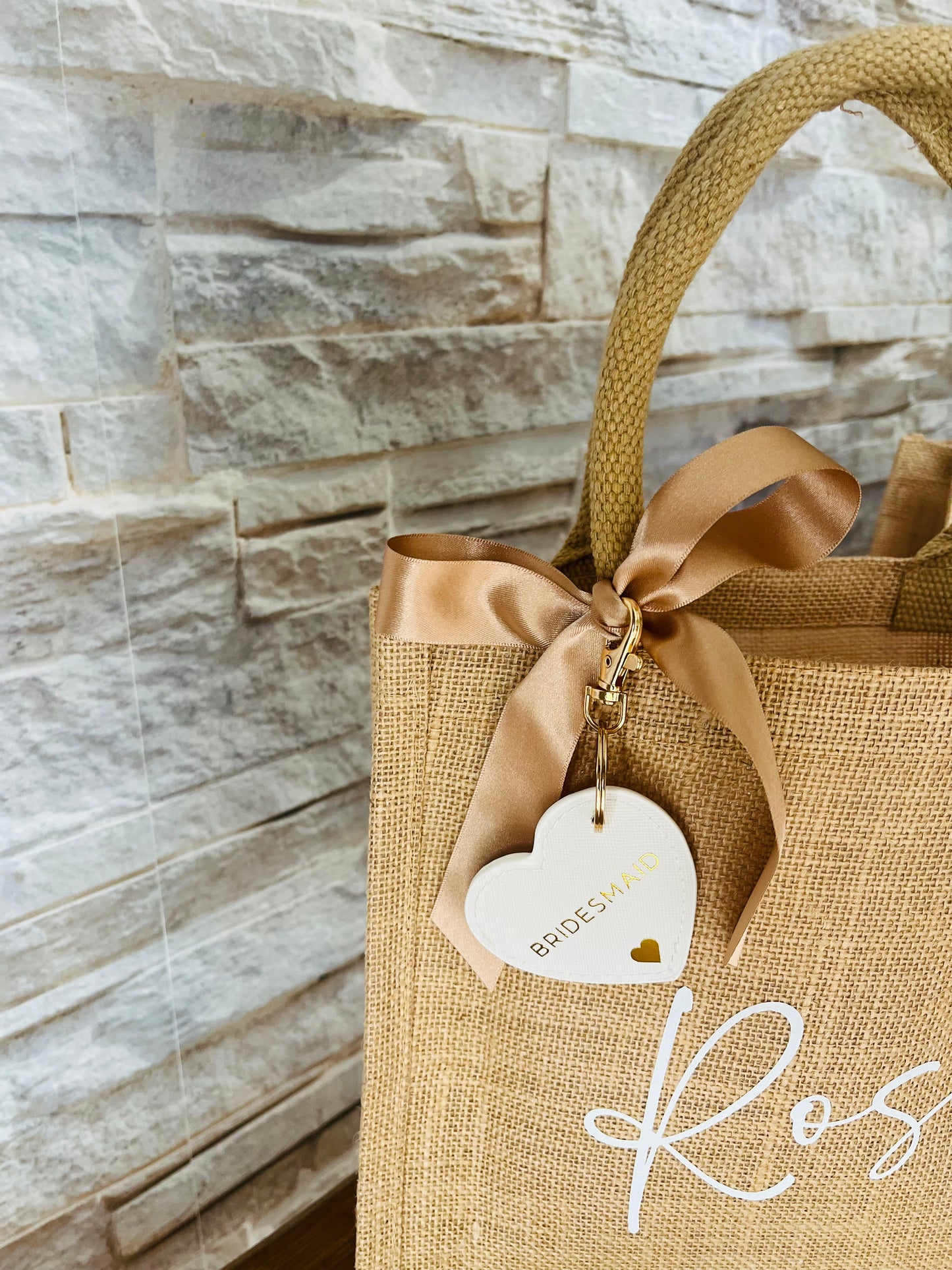 Personalised Bridesmaid Hessian Jute bag - Heart Keyring