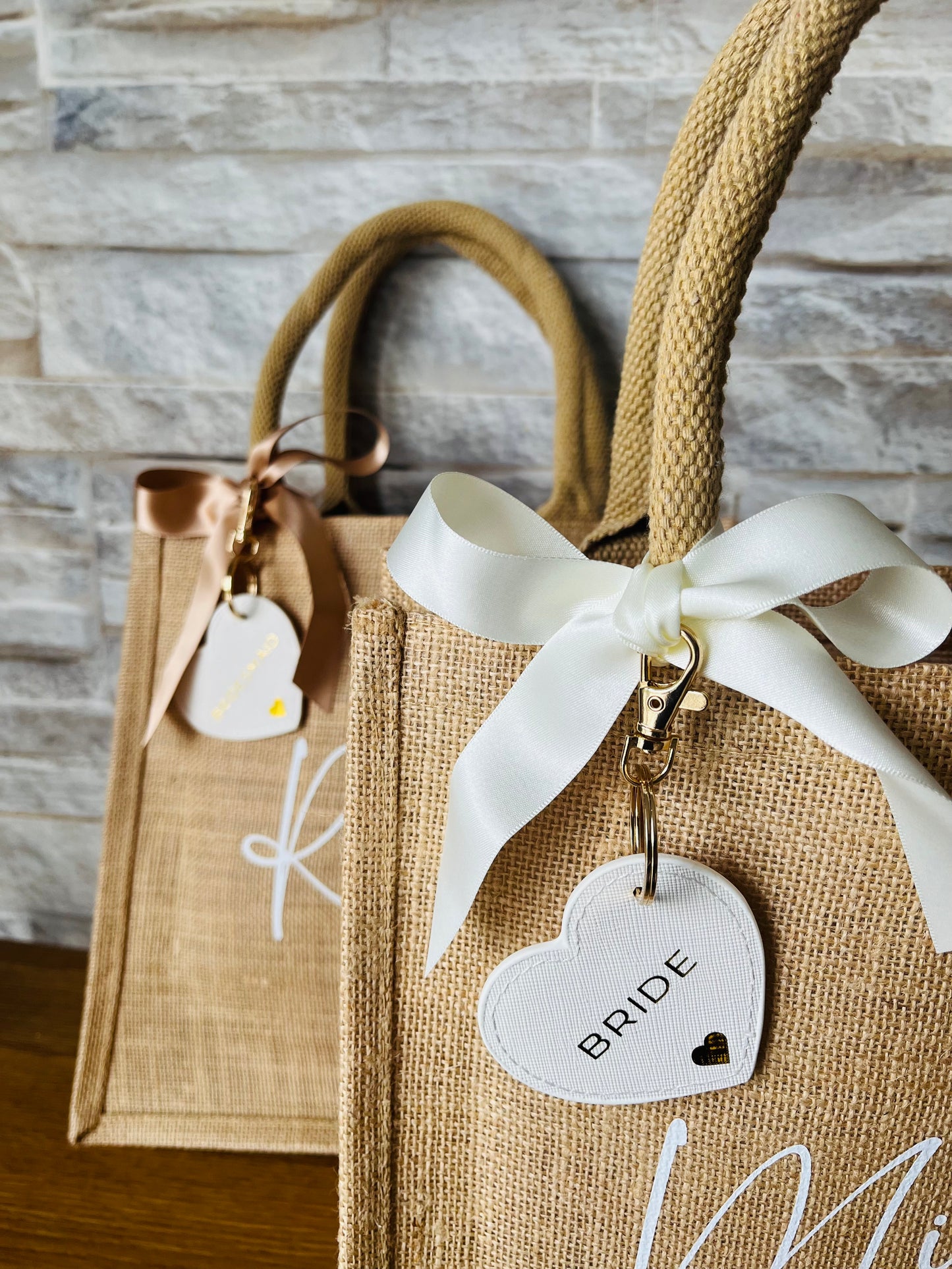 Personalised Bridesmaid Hessian Jute bag - Heart Keyring