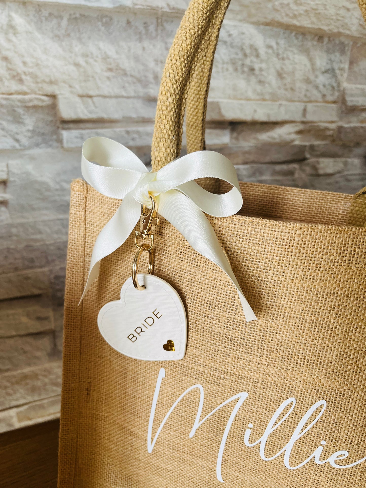 Personalised Bridesmaid Hessian Jute bag - Heart Keyring