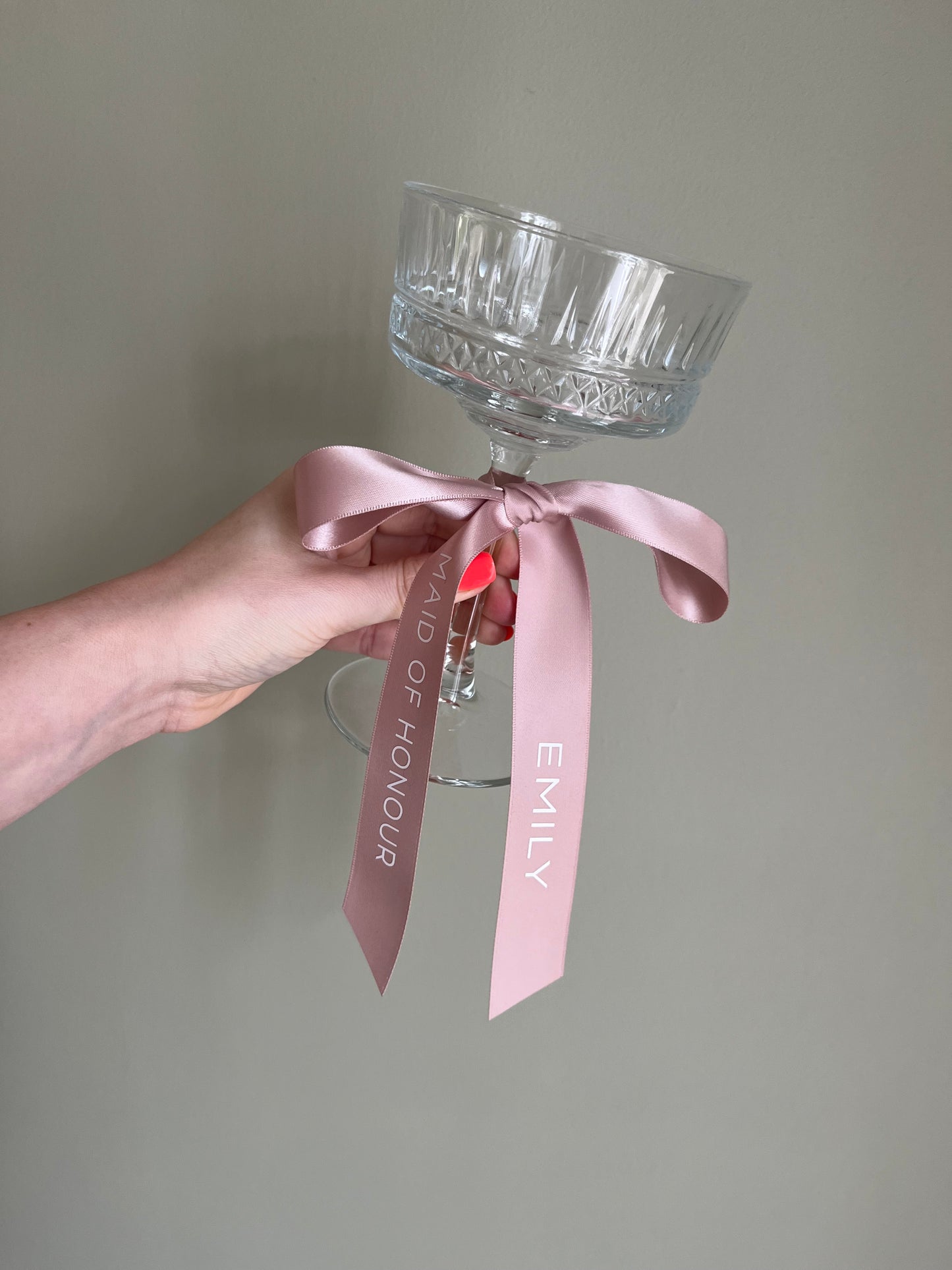 Nude Pink Bridesmaid Personalised Ribbons for Champagne Coupe