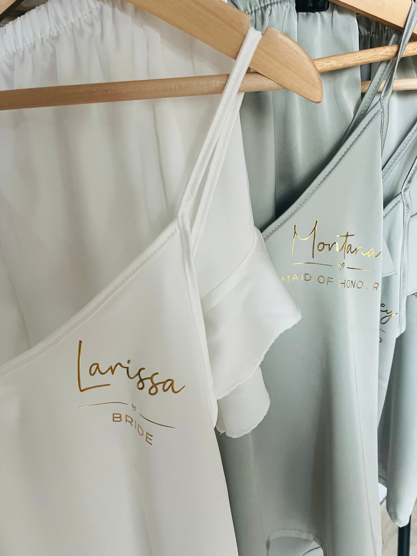 Personalised Satin Ruffle Cami Bridesmaid Pjs - Text Design - Adults