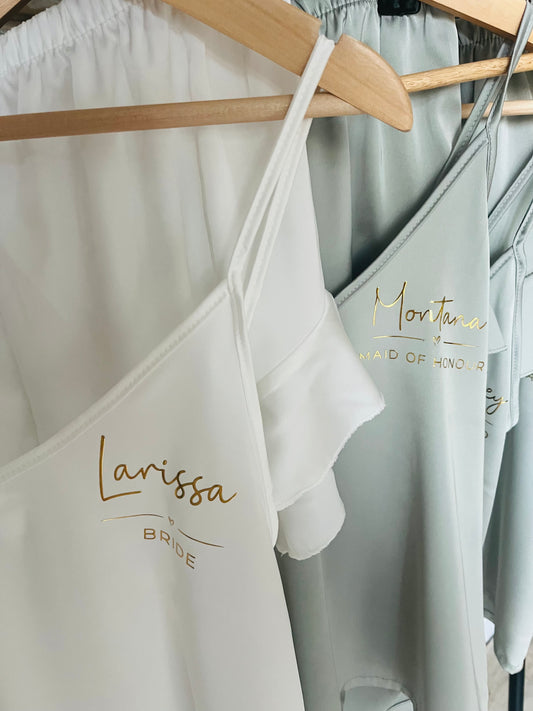 Personalised Satin Ruffle Cami Bridesmaid Pjs - Text Design - Adults