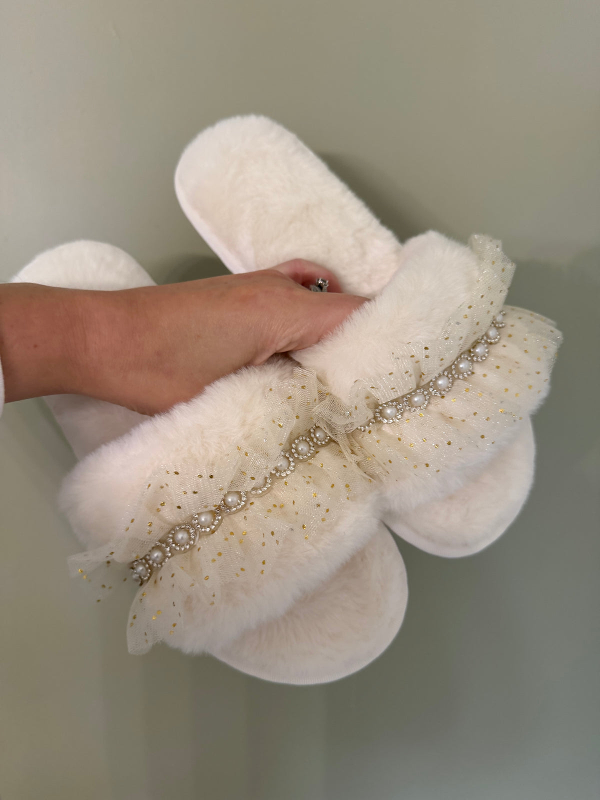 Pearl Embellished Tulle Bride Slippers