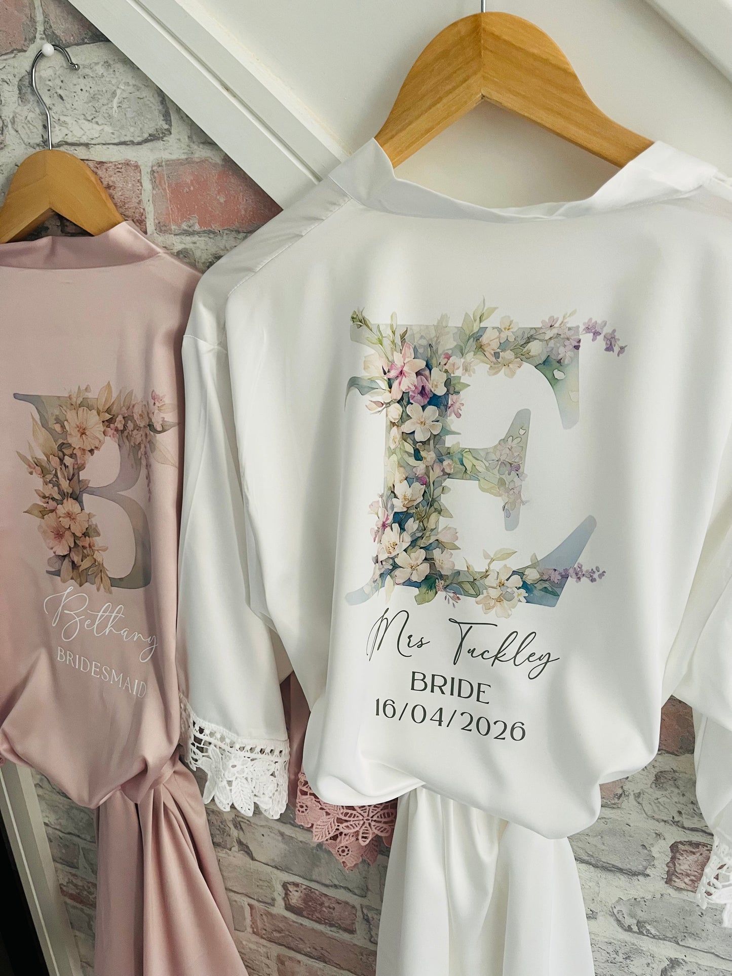 Personalised Satin Lace Trim Bridesmaid Robe - Pastel Initial Design
