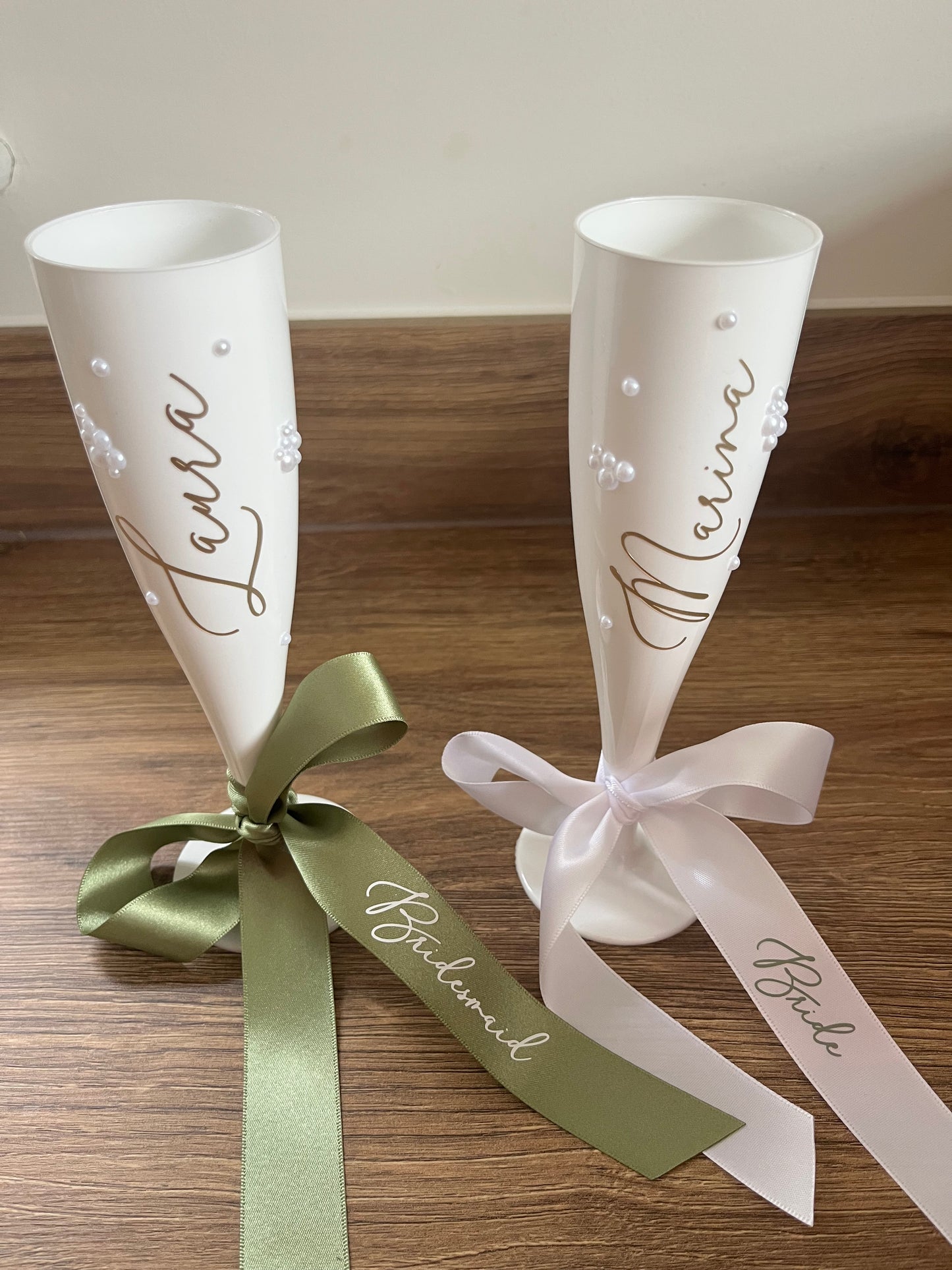 Bridesmaid Flute Glass - White plastic flute glass with personalised ribbons