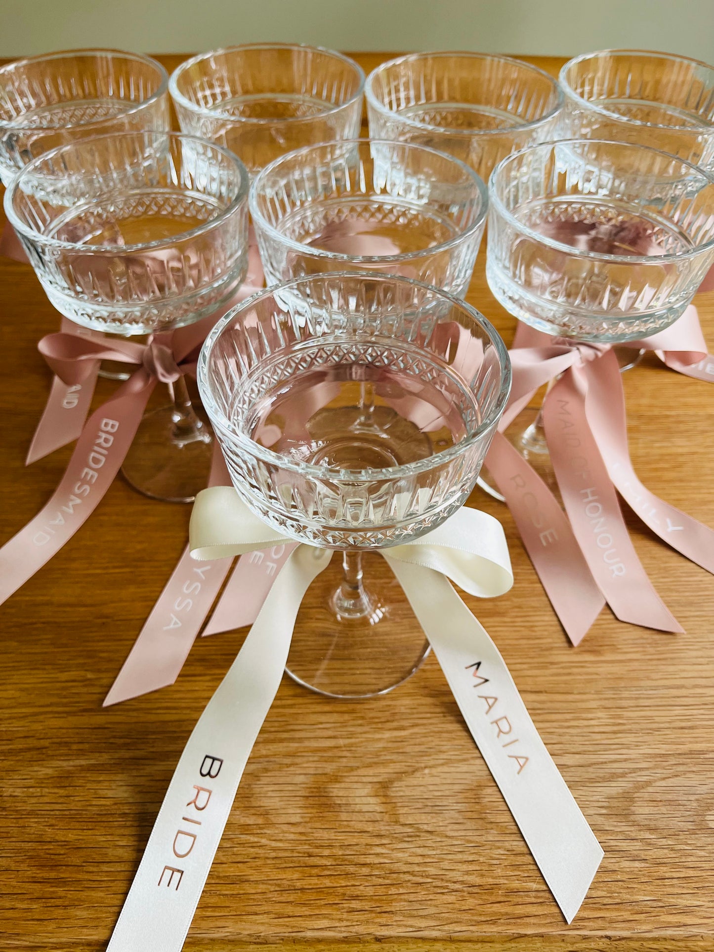 Nude Pink Bridesmaid Personalised Ribbons for Champagne Coupe