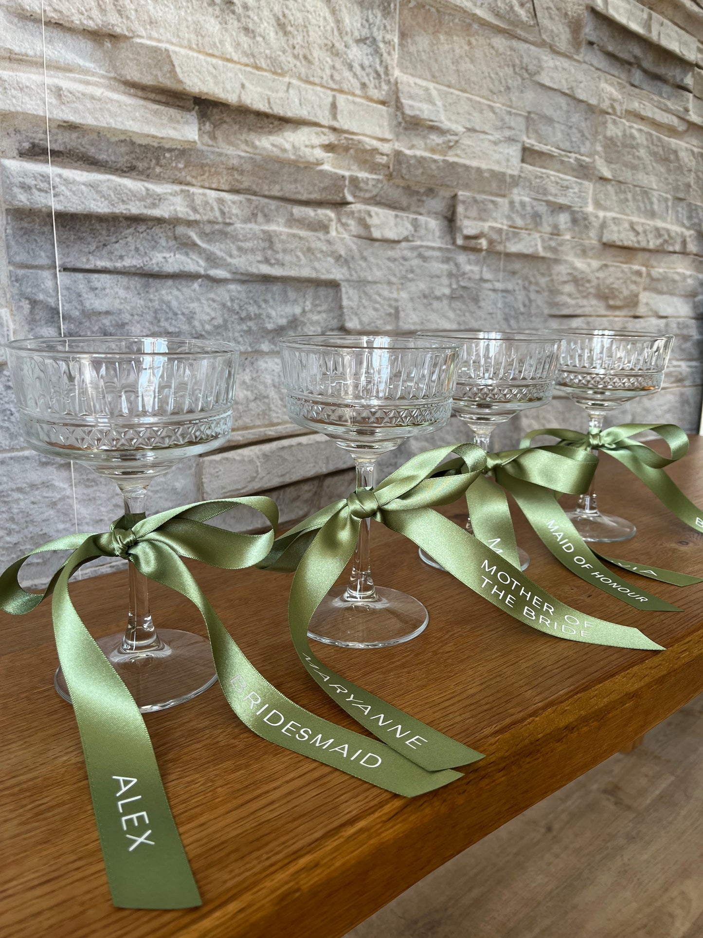 Sage Bridesmaid Personalised Ribbon for Champagne coupe Glass