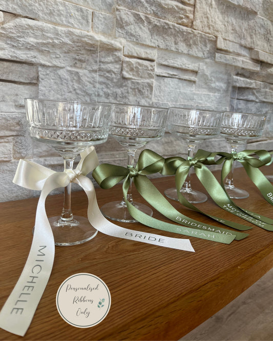 Sage Bridesmaid Personalised Ribbon for Champagne coupe Glass