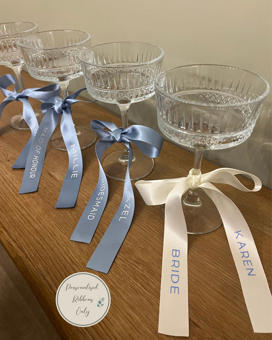 Personalised FRENCH Blue  Ribbon For Bridesmaid Champagne Coupe Glass
