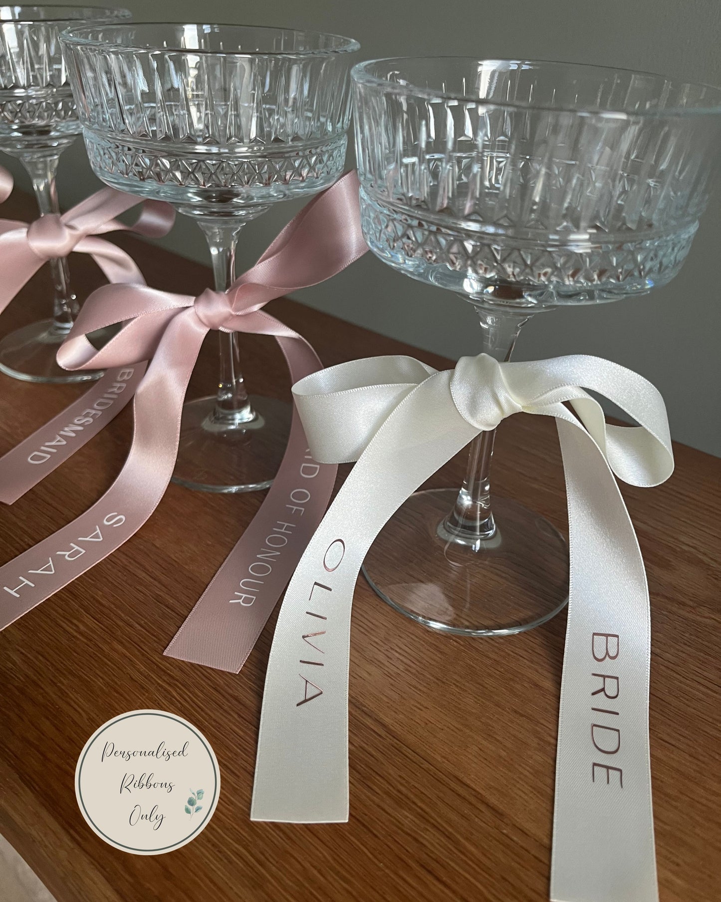 Nude Pink Bridesmaid Personalised Ribbons for Champagne Coupe
