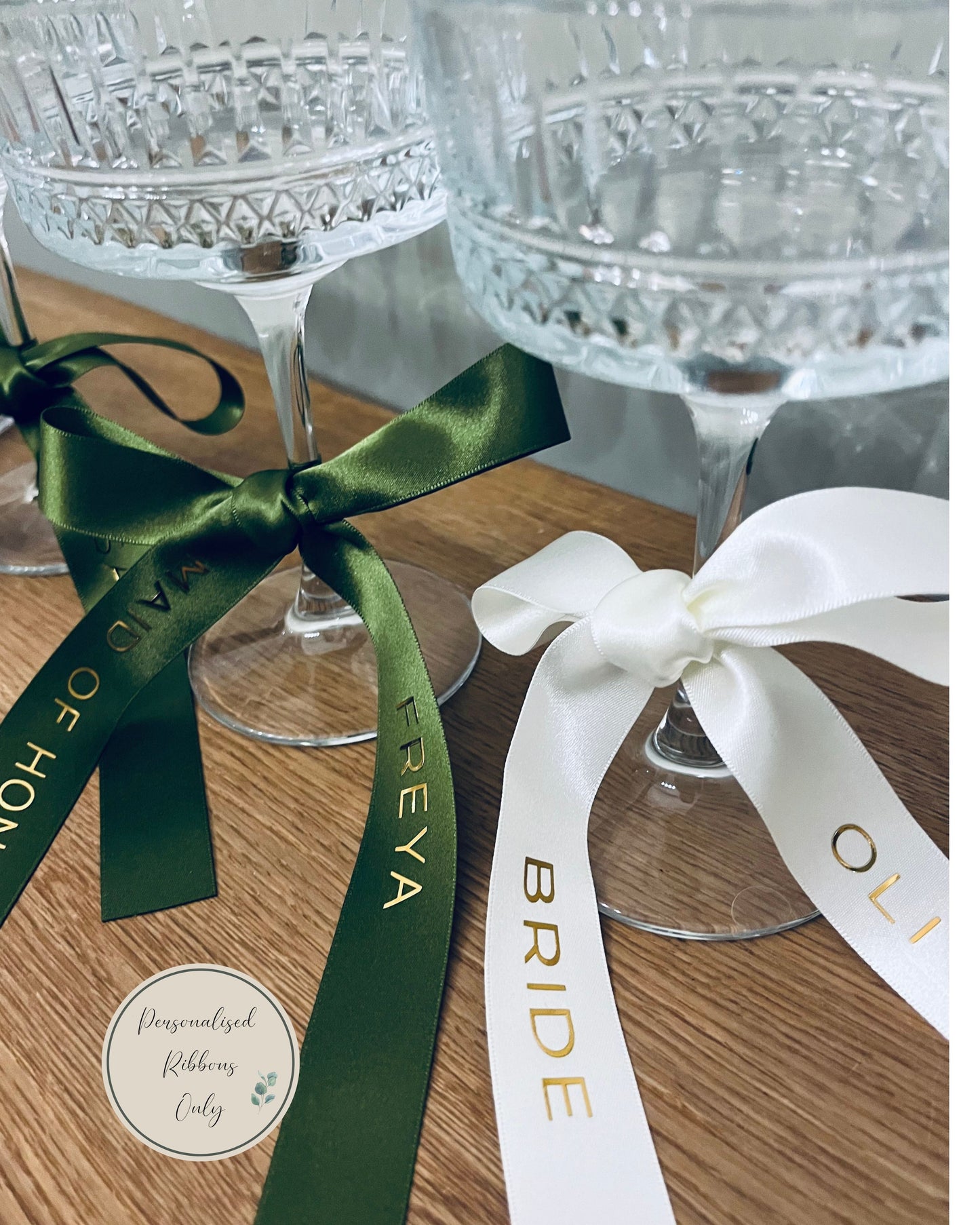 Olive Personalised Ribbons for Champagne Coupe
