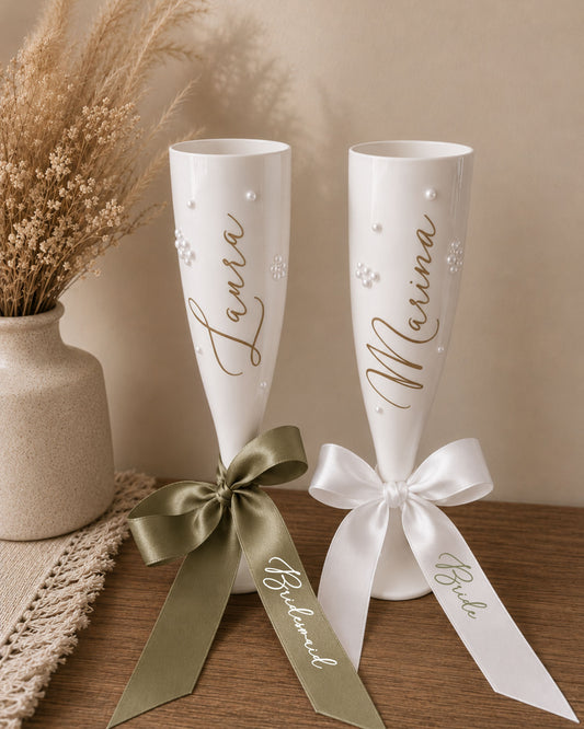 Bridesmaid Flute Glass - White plastic flute glass with personalised ribbons