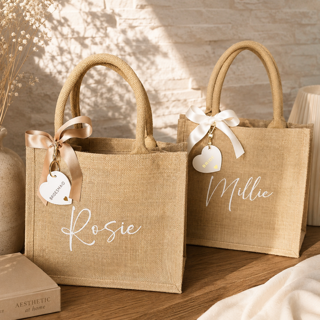 Personalised Bridesmaid Hessian Jute bag - Heart Keyring