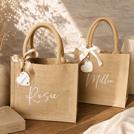 Personalised Bridesmaid Hessian Jute bag - Heart Keyring