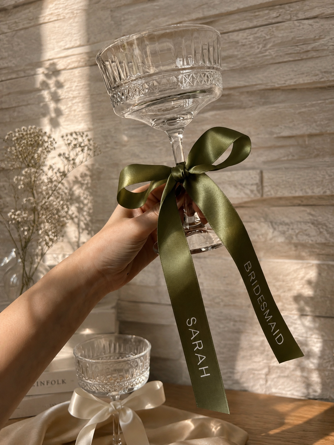Sage Bridesmaid Personalised Ribbon for Champagne coupe Glass