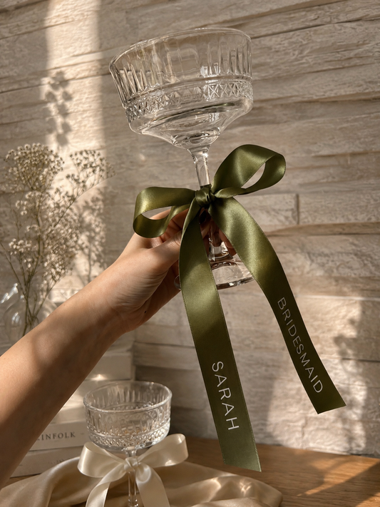 Sage Bridesmaid Personalised Ribbon for Champagne coupe Glass