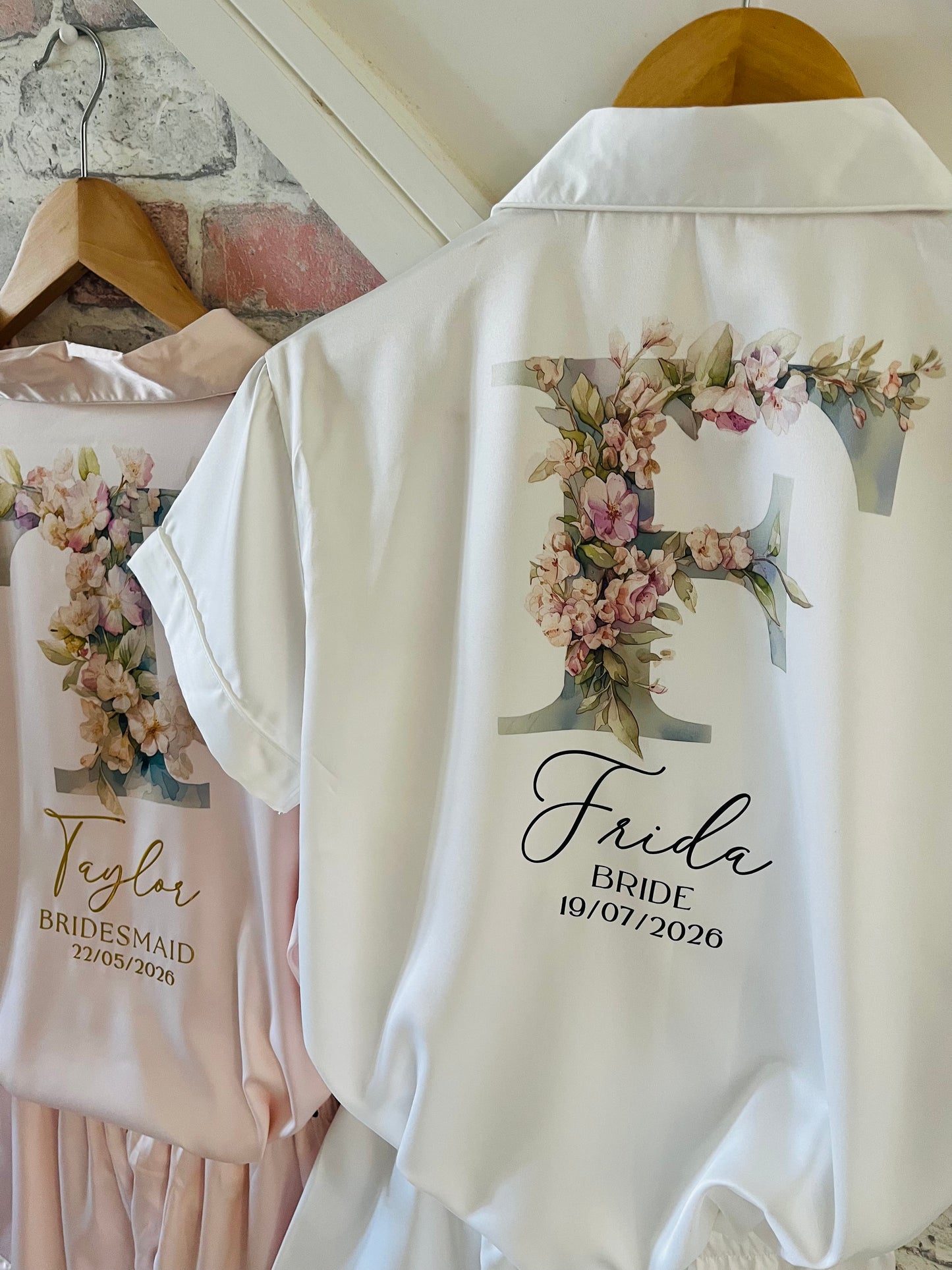 Personalised Satin Bridesmaid Pjs - Pastel Initial Design - Adults