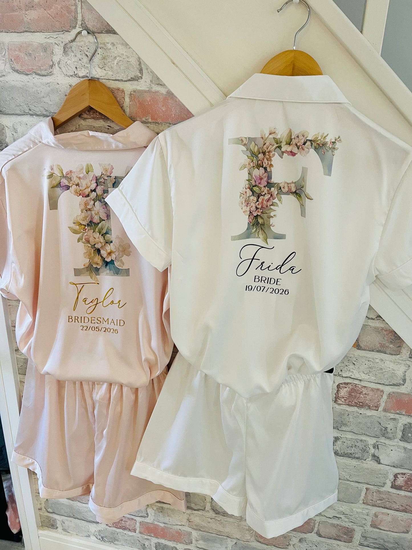 Personalised Satin Bridesmaid Pjs - Pastel Initial Design - Adults
