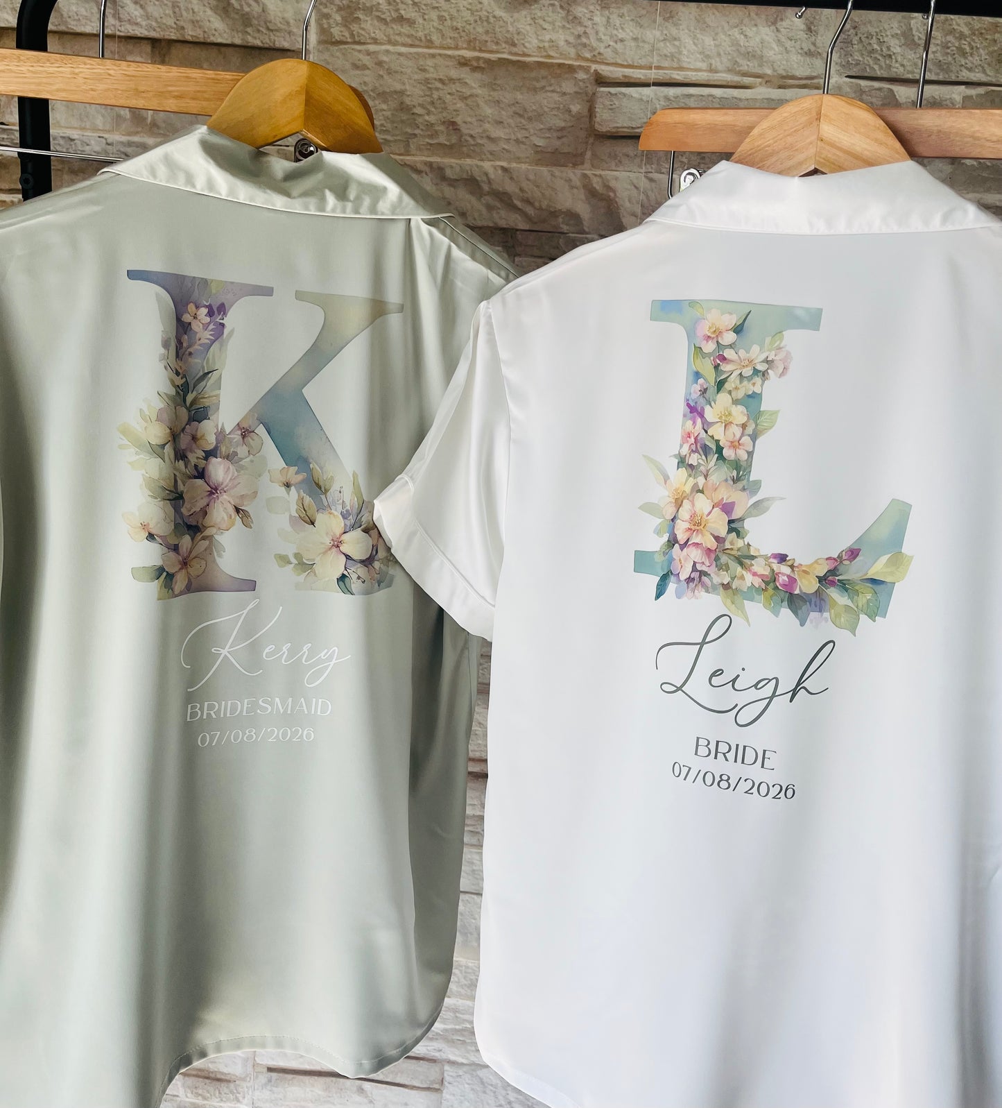 Personalised Satin Bridesmaid Pjs - Pastel Initial Design - Adults
