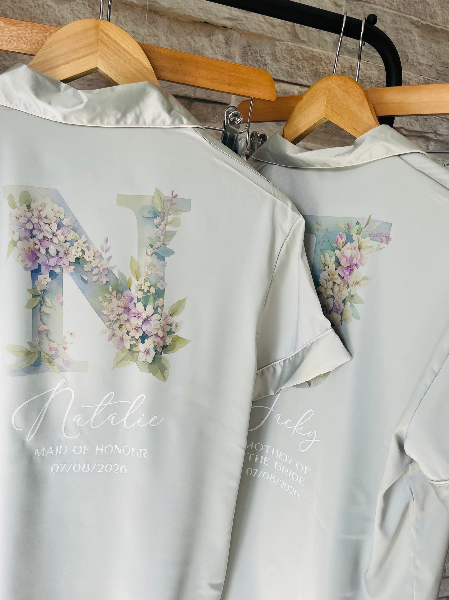 Personalised Satin Bridesmaid Pjs - Pastel Initial Design - Adults