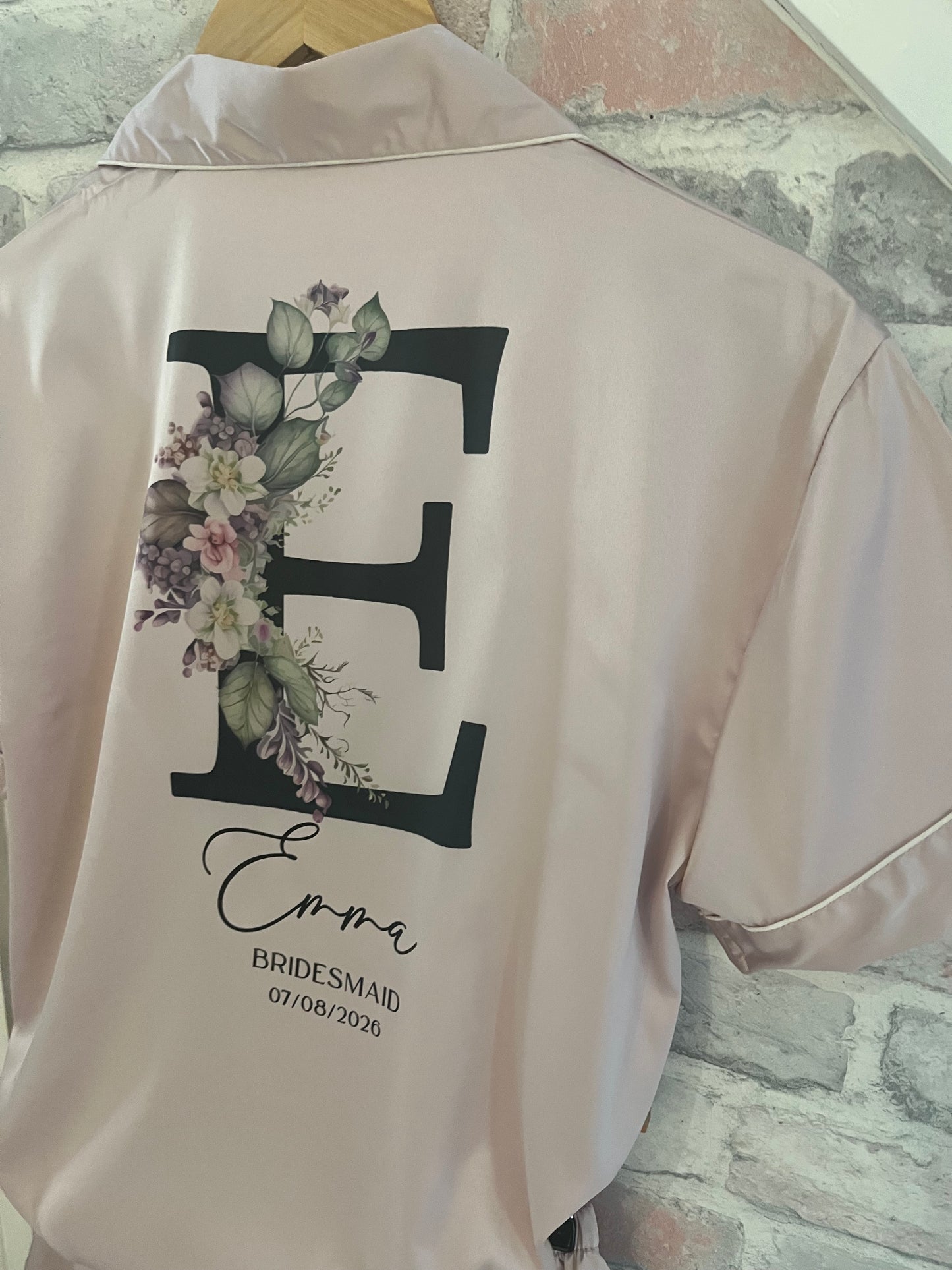 Personalised Satin Bridesmaid Pjs - Black Floral Initial Design - Adults