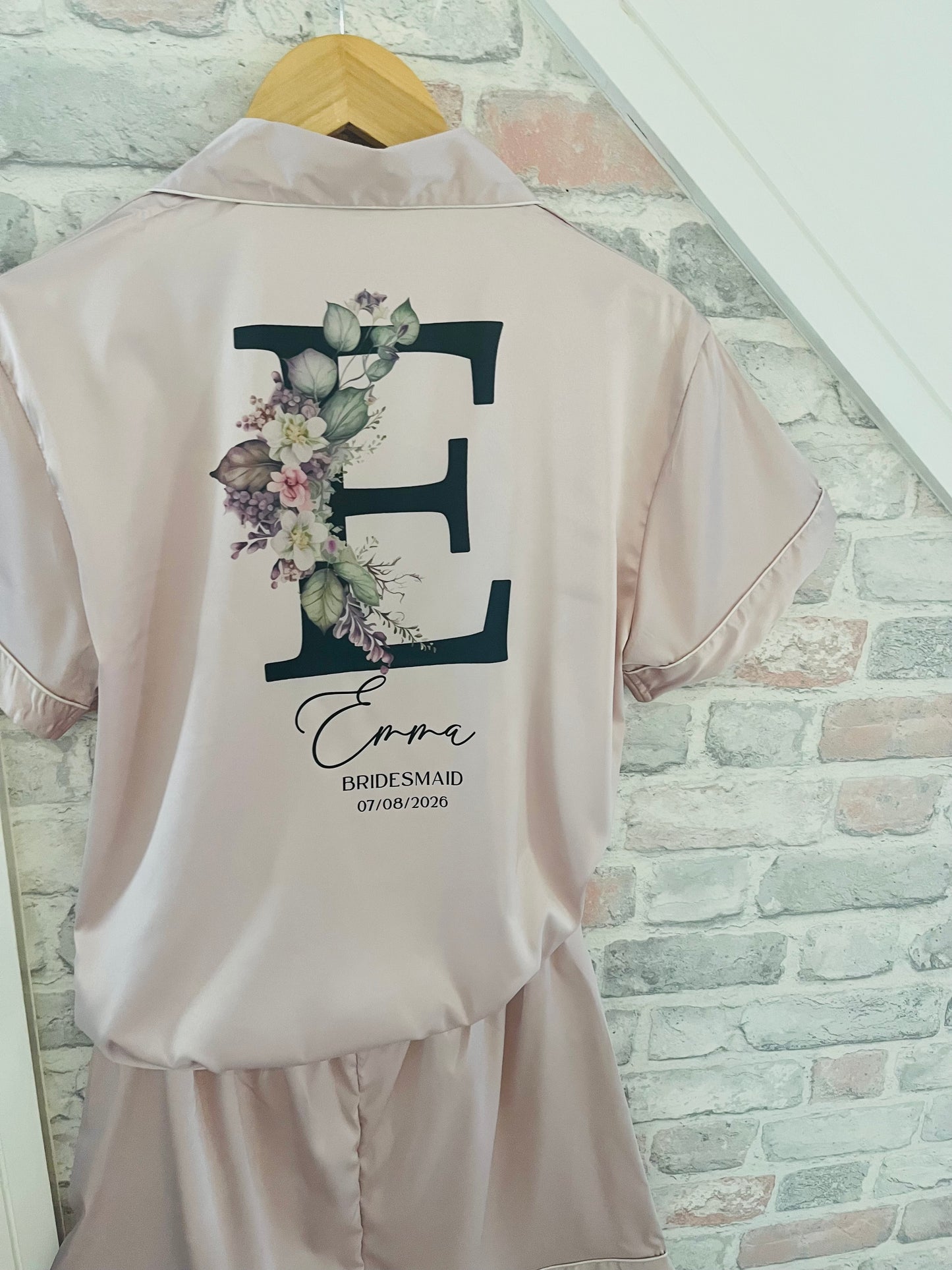 Personalised Satin Bridesmaid Pjs - Black Floral Initial Design - Adults